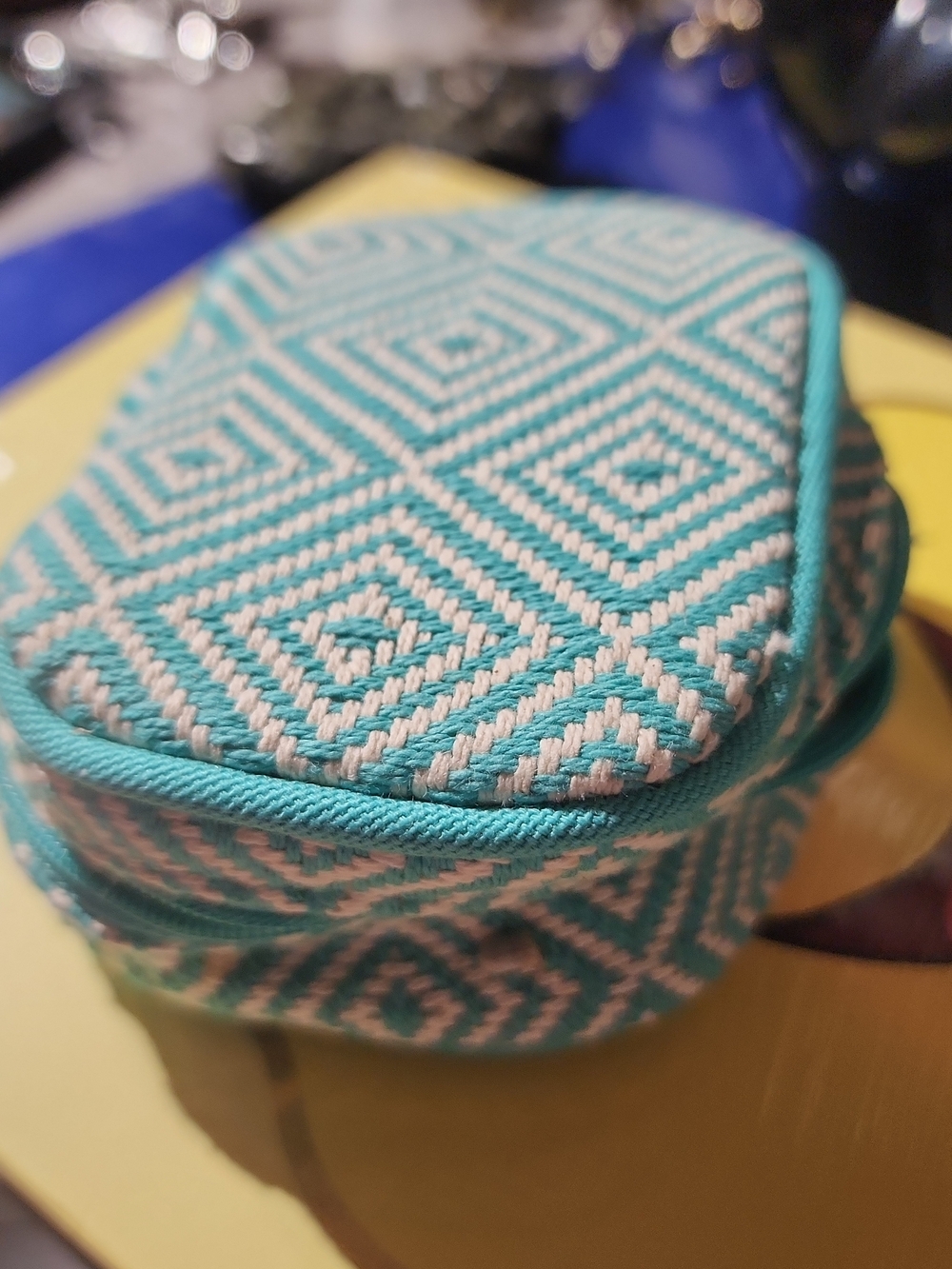 Thirty-One Turquoise and Cream Woven Geometric Pouch